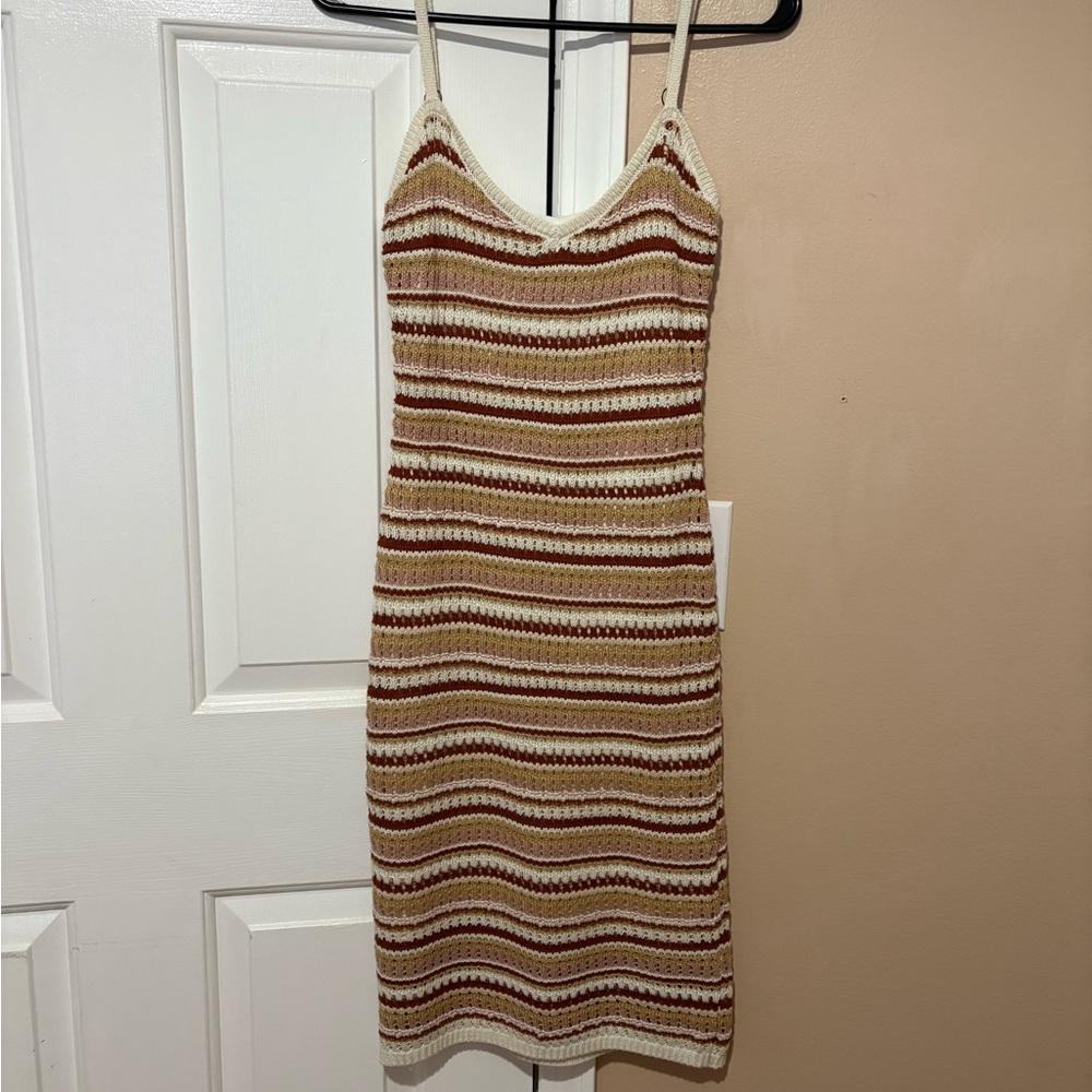 Olive & Oak Striped Crochet Maxi Slip Dress in Cream, Tan & Brown